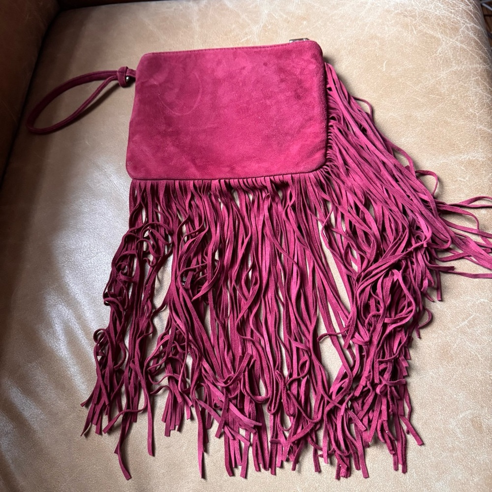 Pinko Fringe Suede Wristlet Clutch Red cutout tassel texture designer Italy - Picture 9 of 11